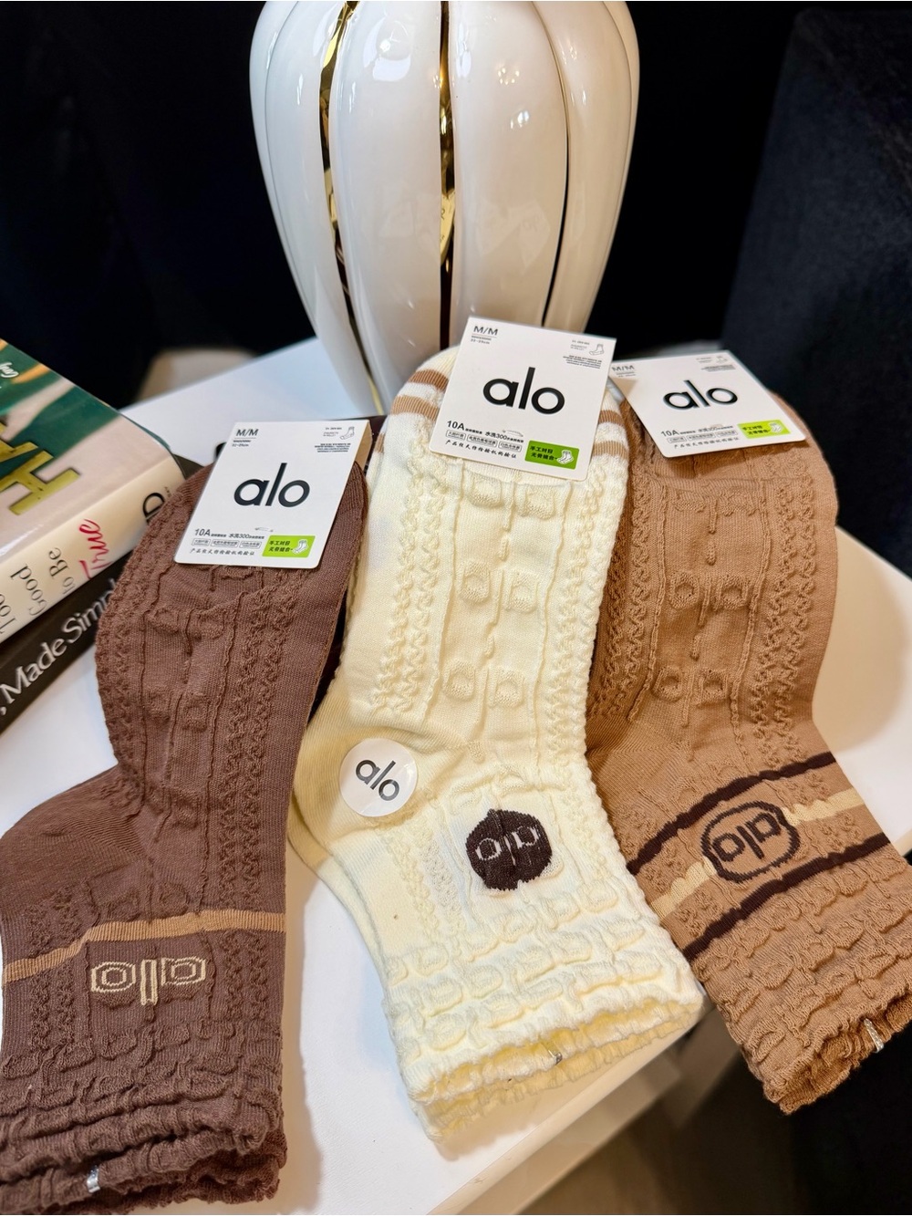 ALO Yoga Cable-Knit Crew Socks in Brown, Cream, Tan